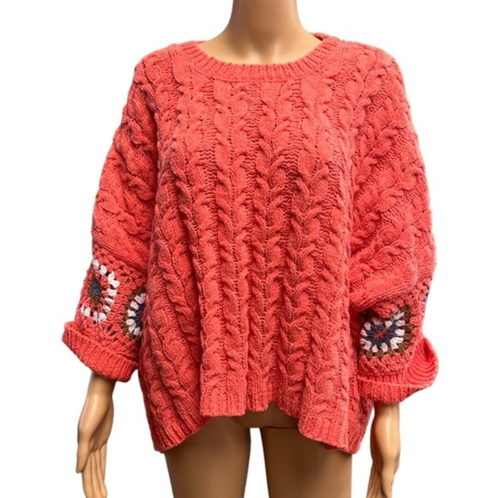 POL Cable Knit Long Sleeve Orange Sweater With Granny Square Detail Size Small